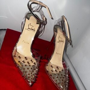 NEW Christian Louboutin SPIKOO 100 PVC/SPECCHIO H334 TRANSPARENT/LIGHT GOLD 37.5